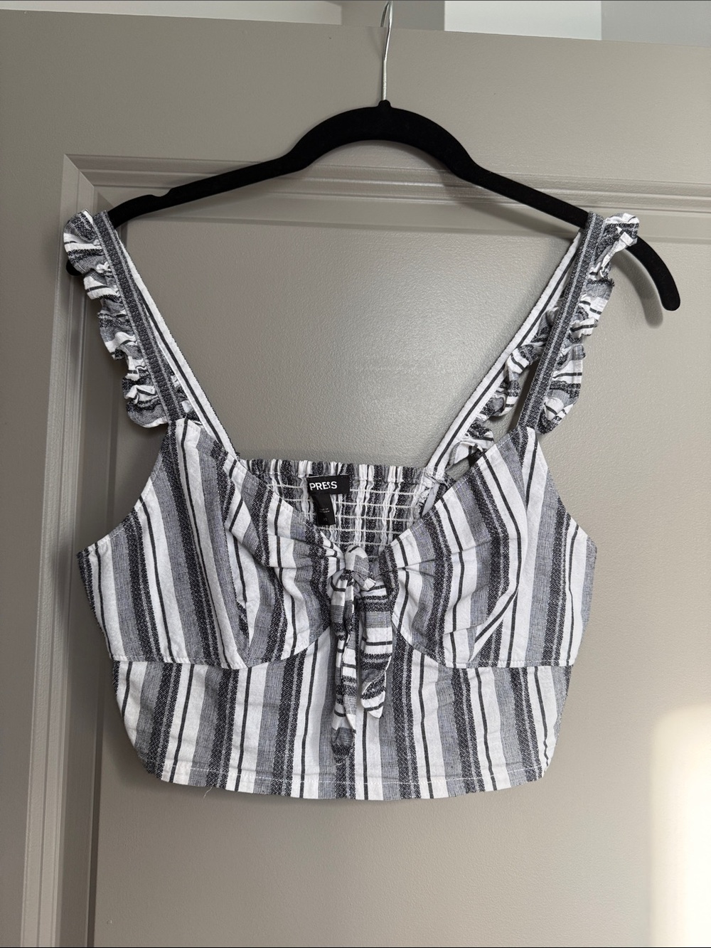 Express Black & White Striped Tie-Front Ruffle Crop Top